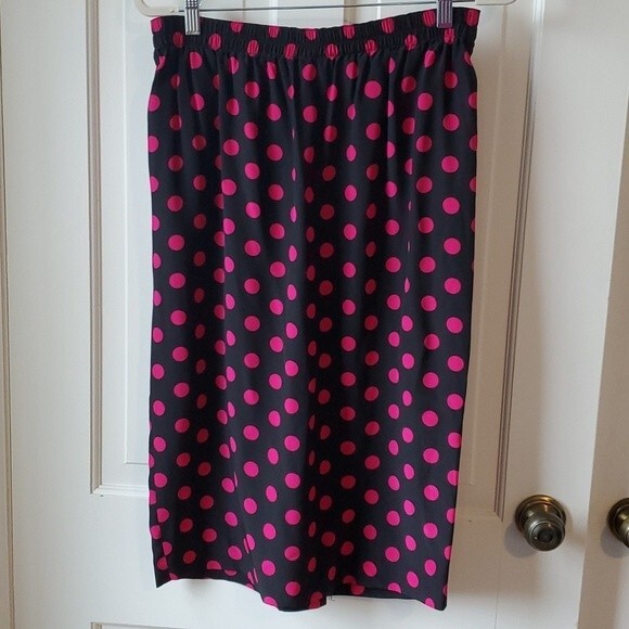 VINTAGE 80s SILK POLKA DOT SKIRT TOP SET PINK PUFF SLEEVE PEPLUM ELASTIC SIZE 10 - Picture 8 of 12